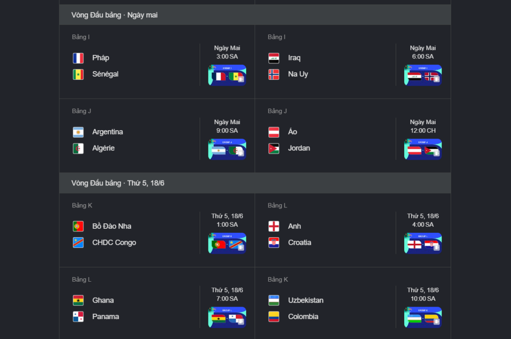 Lịch thi đấu vòng bảng World Cup các bảng I J K L gồm Pháp đấu Sénégal Argentina gặp Algérie và Anh chạm trán Croatia